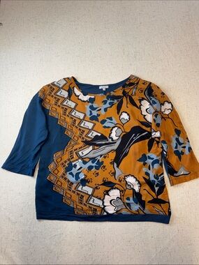 Jigsaw Mixed-Print Floral Short Sleeve Top - Blue & Mustard N0752